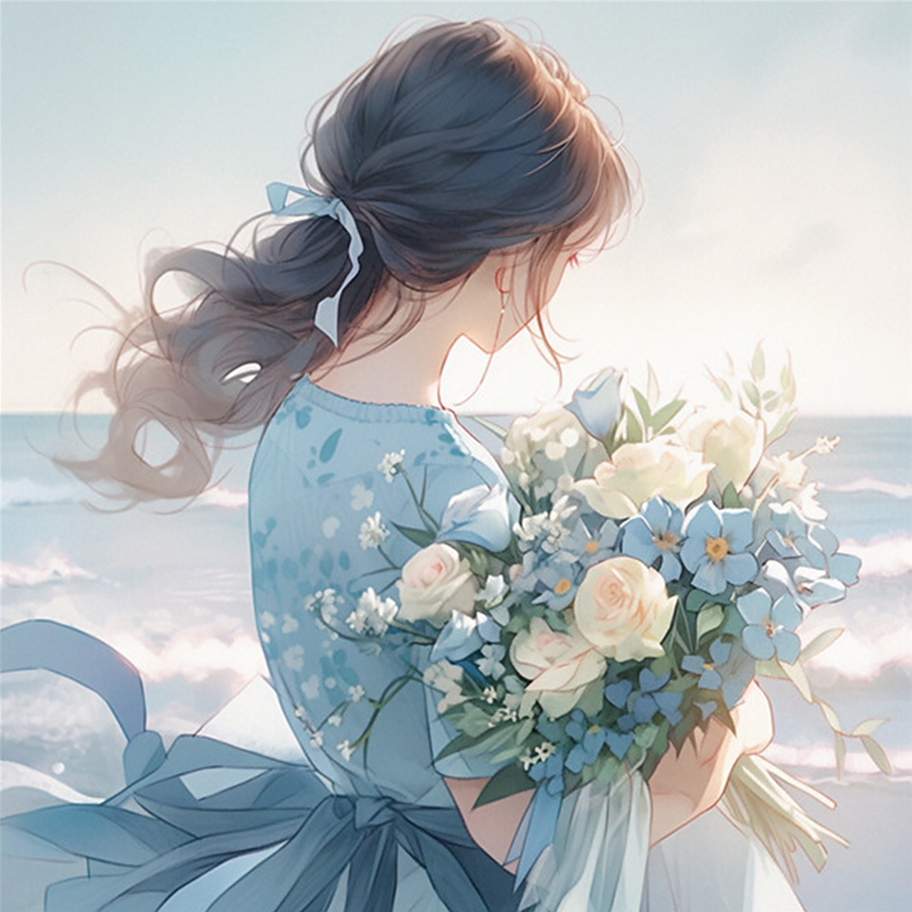 分享一组超级好看的女生背影头像,手捧鲜花,面朝大海,阳光下波光粼粼