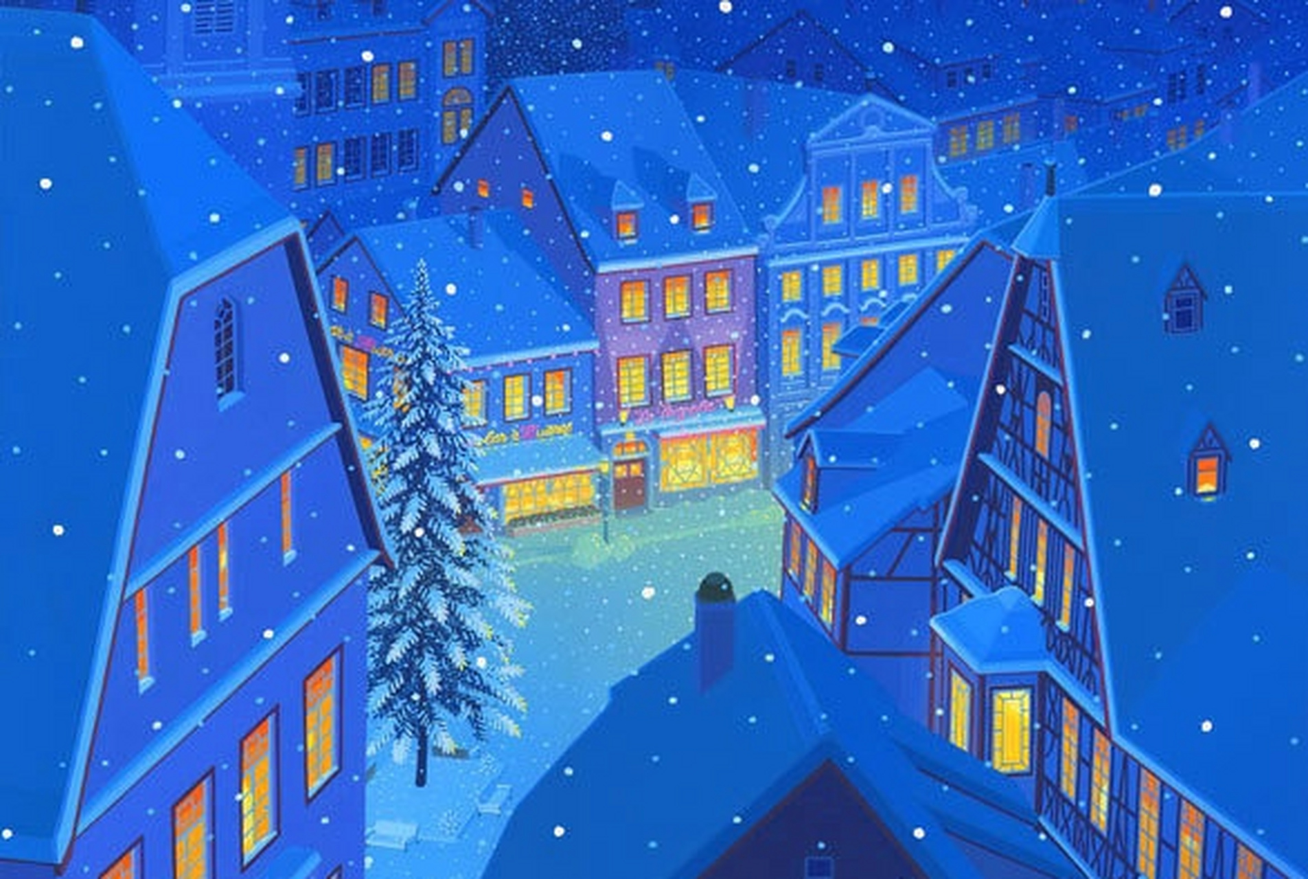 一组描绘冬日雪景的插画作品,画风简约,色彩素雅,突出了雪中景物的