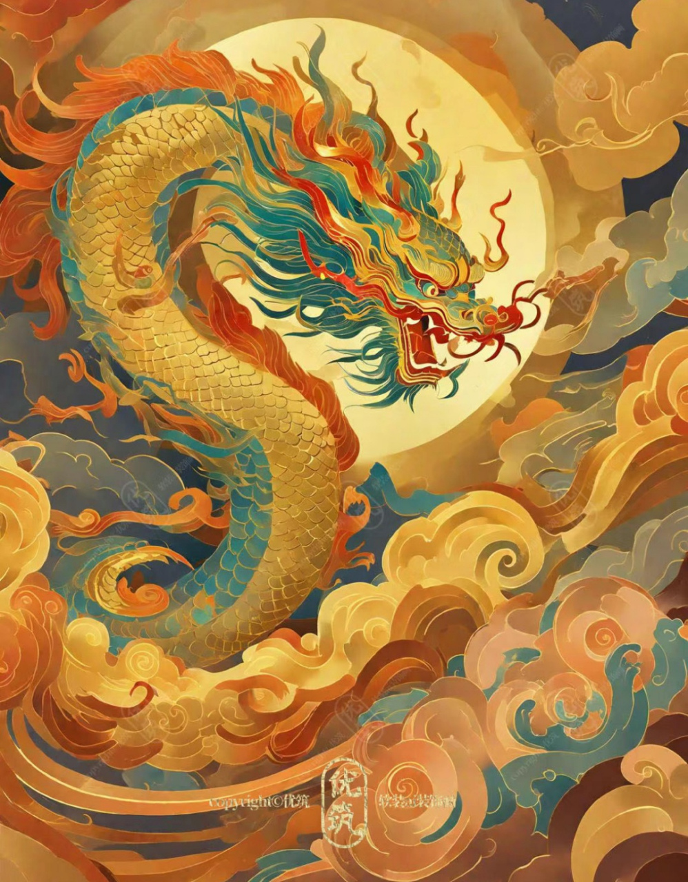 ai生成的一组国风神龙插画,展现了不同风格的中国龙的形象