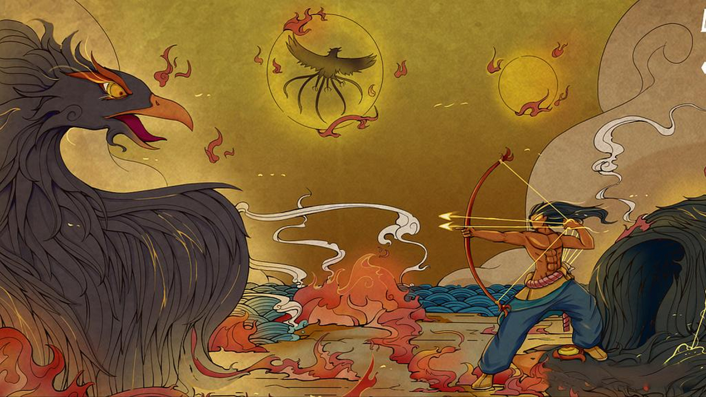 后羿射日的故事描述了英雄后羿射下多余太阳,拯救苍生的壮丽事迹.