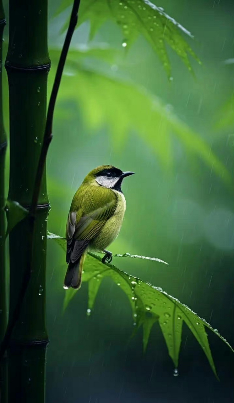 雨中碧绿竹林中鸟儿喳喳叫~吉祥养眼壁纸