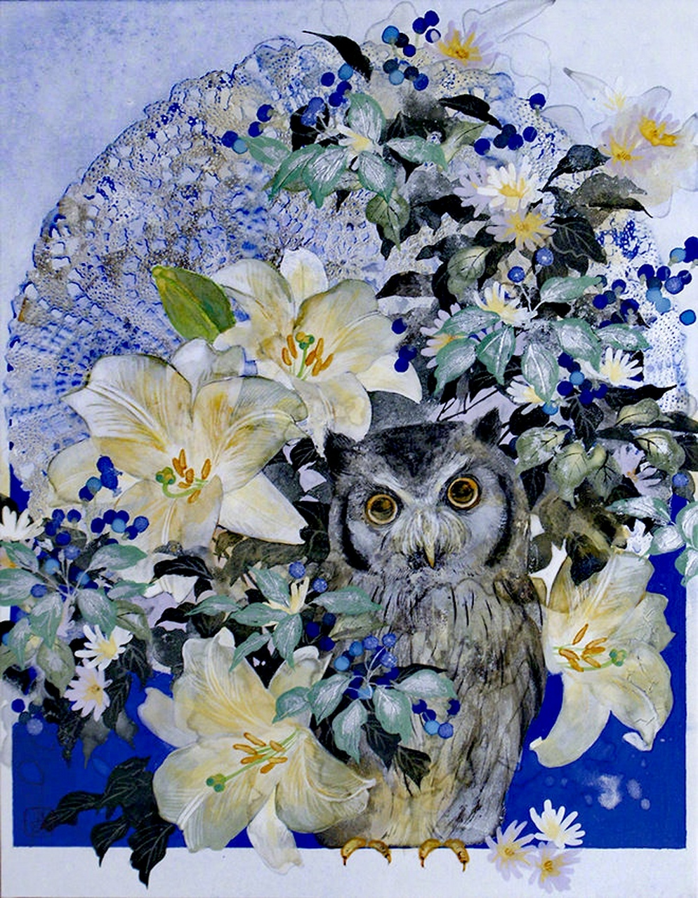 岛国画家鹿间麻衣岩彩花鸟画欣赏,用浓郁的色彩与特殊颜料描绘出生动