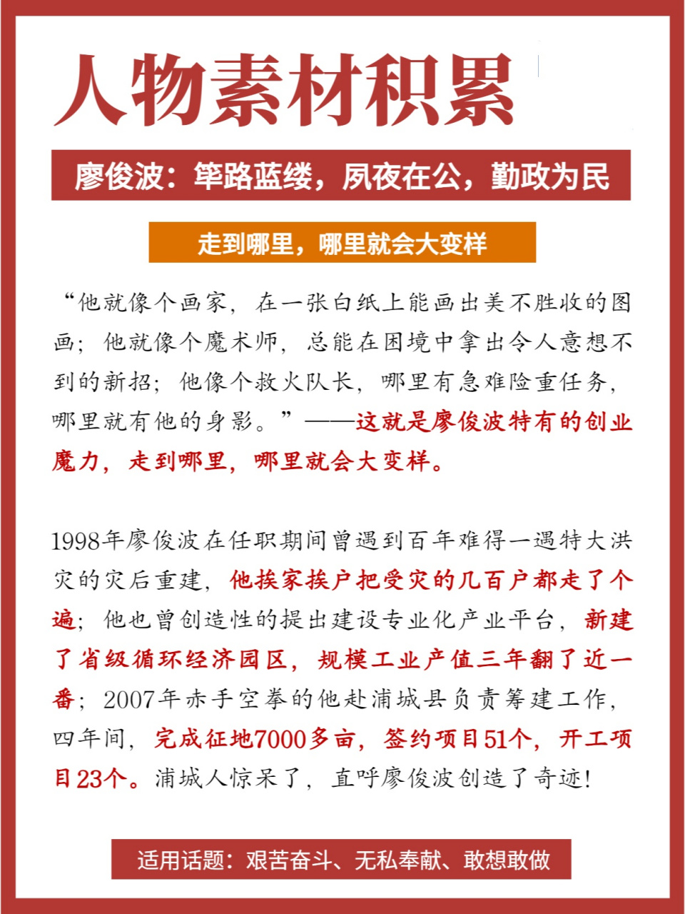 人物素材积累 廖俊波,一个出身平凡却志向高远的人,他的故事就像一部