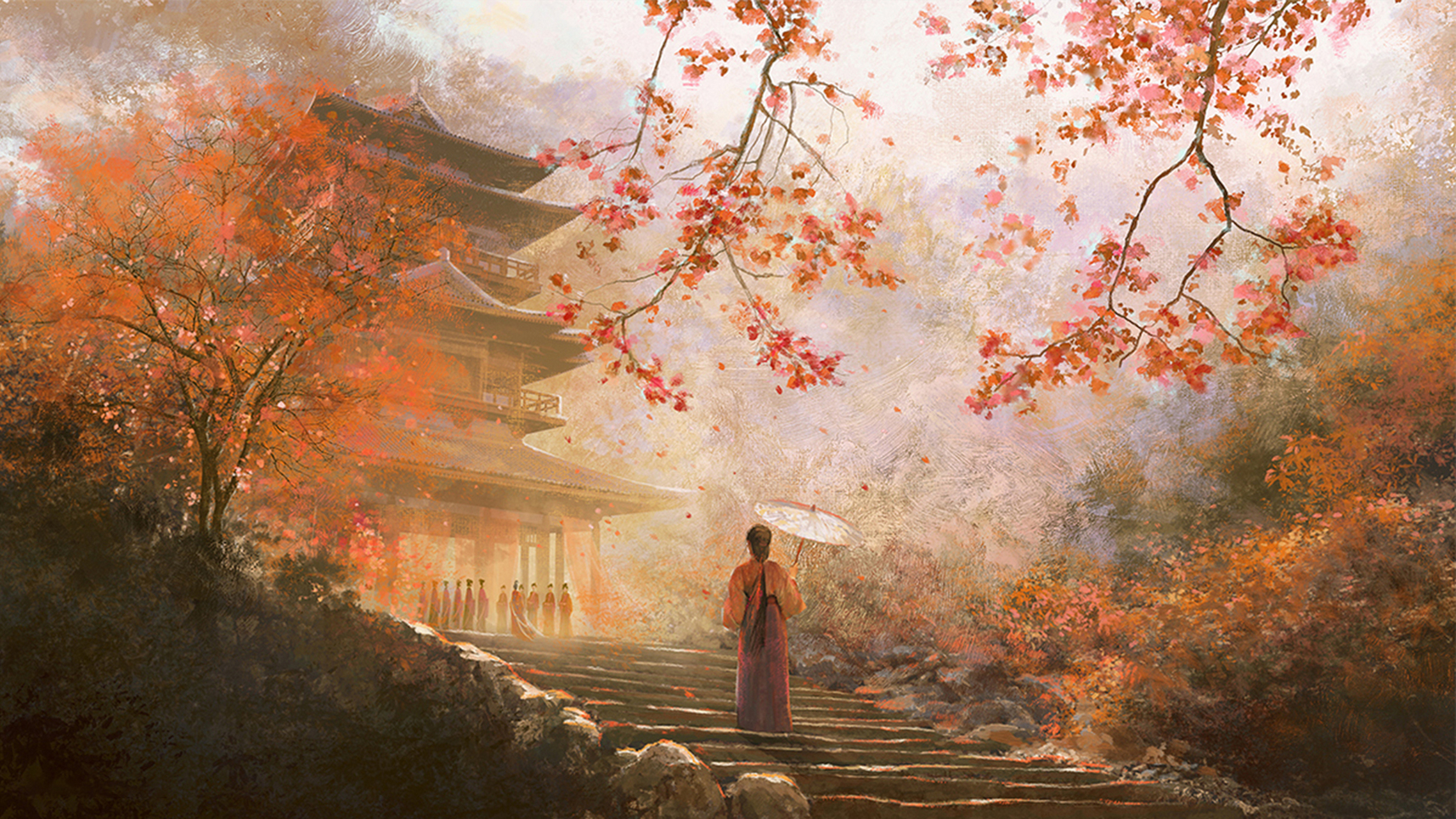 古风意境场景插画电脑壁纸 93山寺桃花始盛开(图1) 93绝胜烟柳满