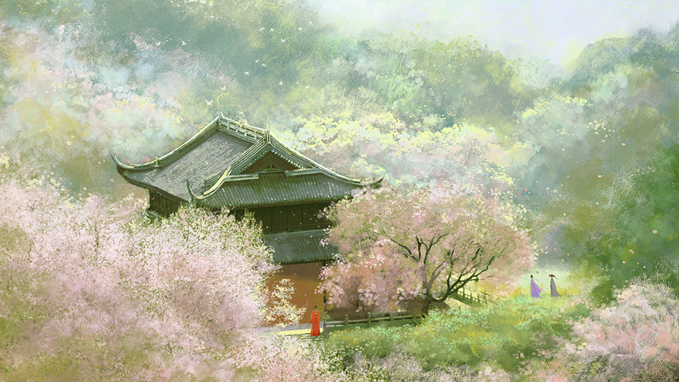 古风意境场景插画电脑壁纸 🌙山寺桃花始盛开(图1) 🌙绝胜烟柳满