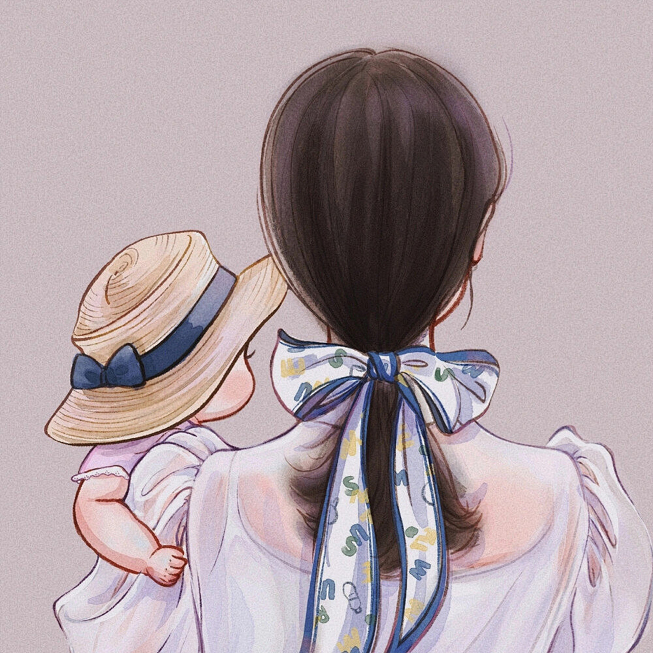 背影 亲子情侣头像 超火的手绘亲子系列情侣头像来啦,抱着孩子的宝妈