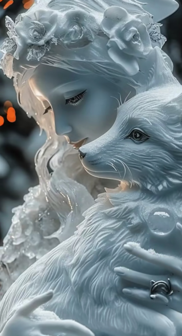 冰雕美女拥抱白狐,真是太漂亮了[good]