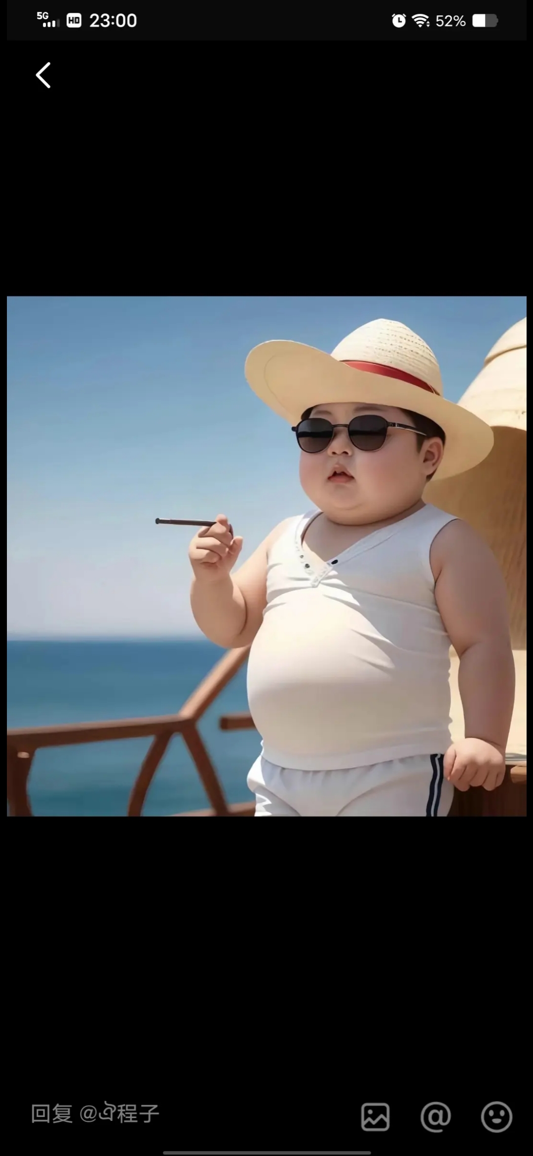 小男孩头戴草帽,戴着墨镜,嘴里叼着香烟,摆出一副