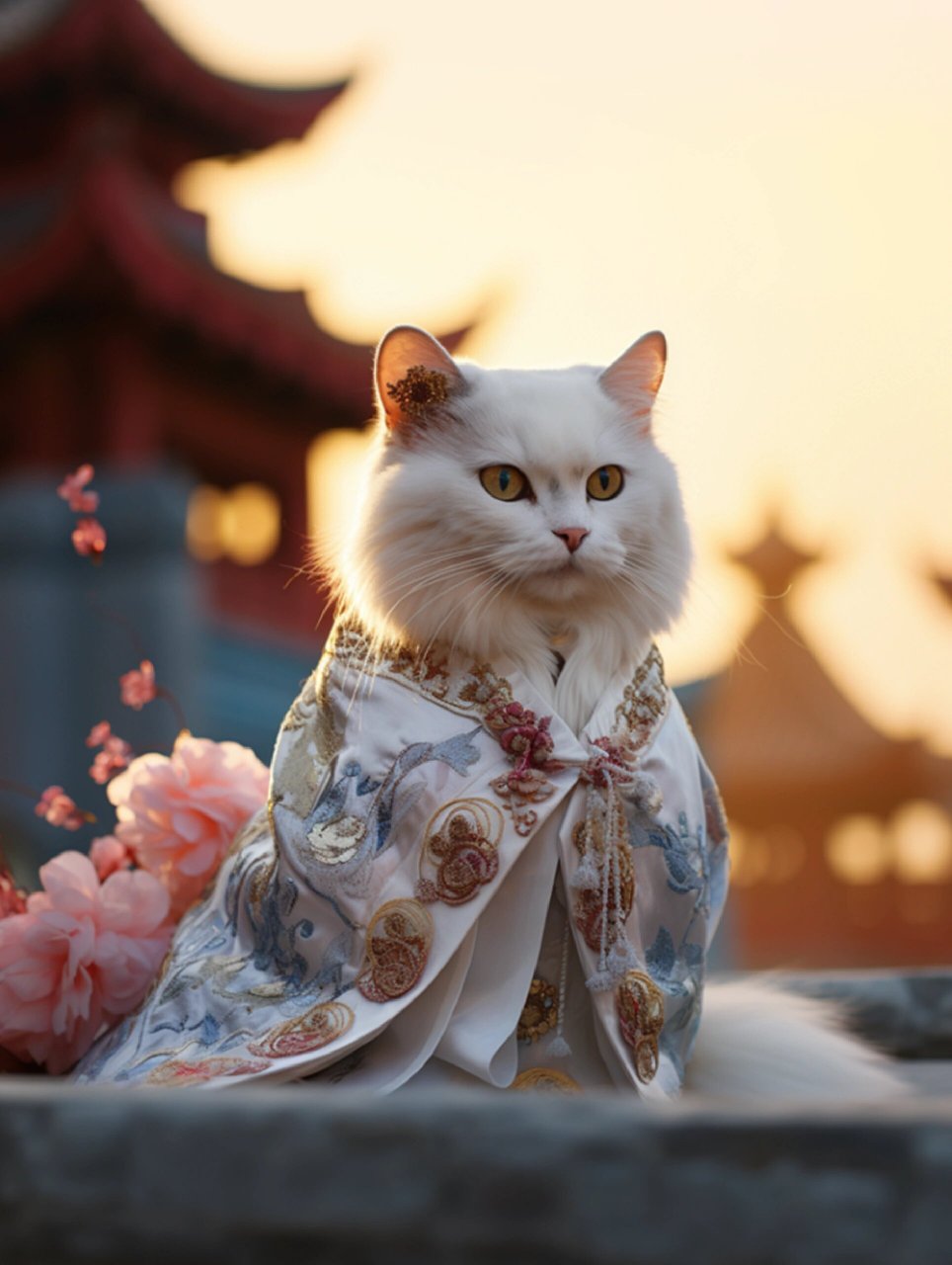 夕阳下的古风汉服猫咪,又飒又美  在夕阳余晖中,我身着华美的汉服