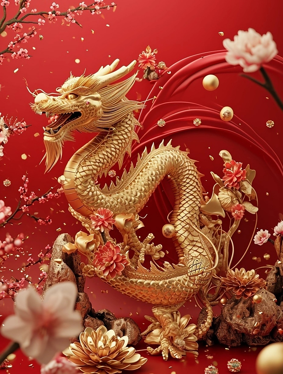 一组金光闪闪的神龙插画欣赏,金色的鳞甲与红色的背景互相映衬,表达出