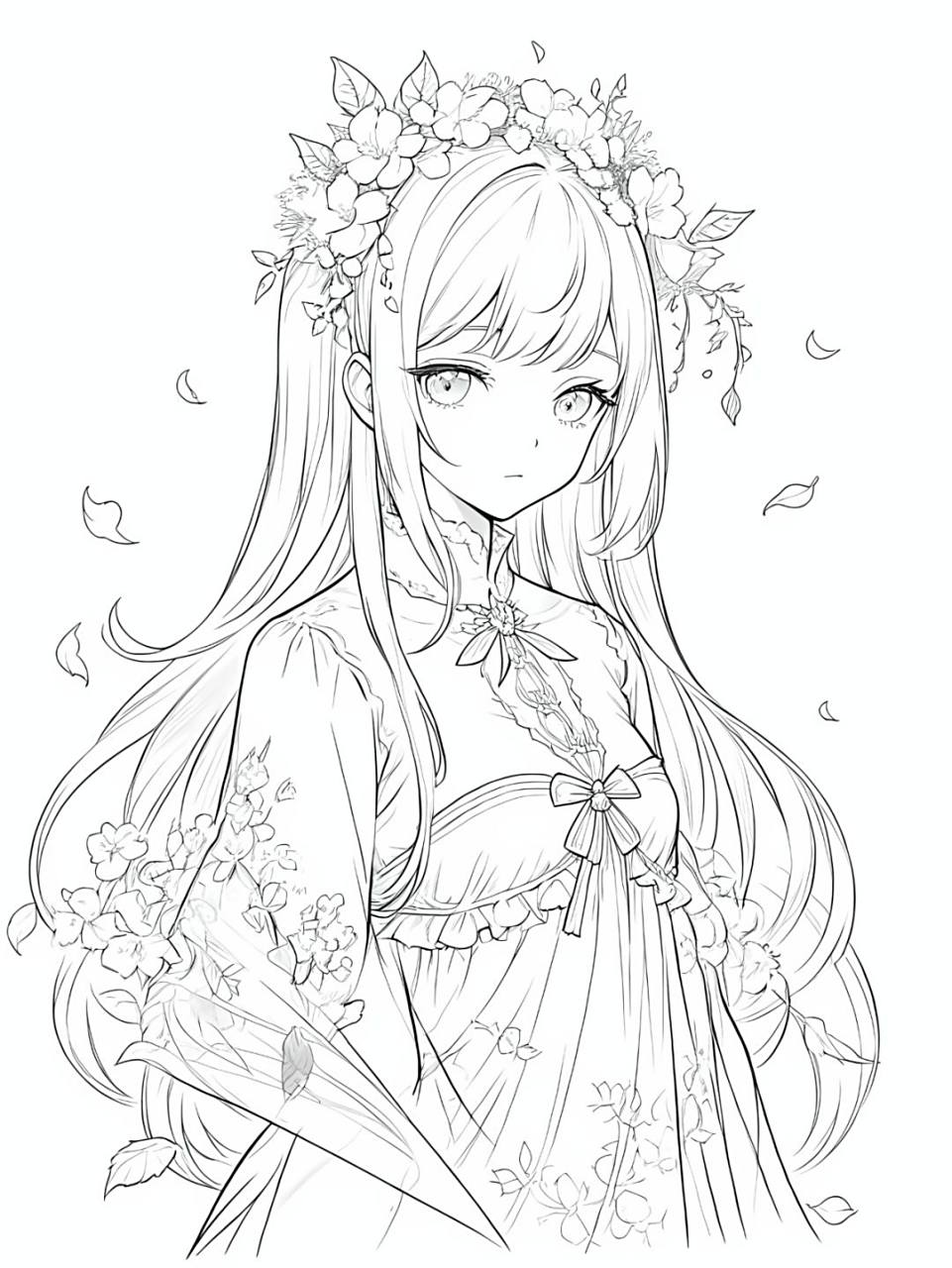 手绘漫画少女与花海,宝宝涂色新体验