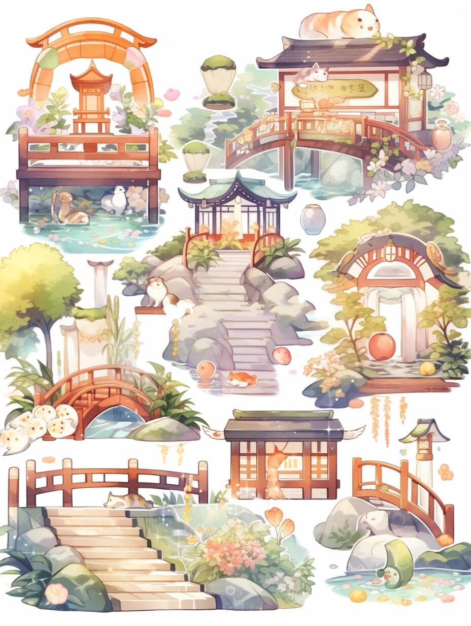 这些素材可都是精心挑选的哦,有山水,亭台,楼阁,小桥