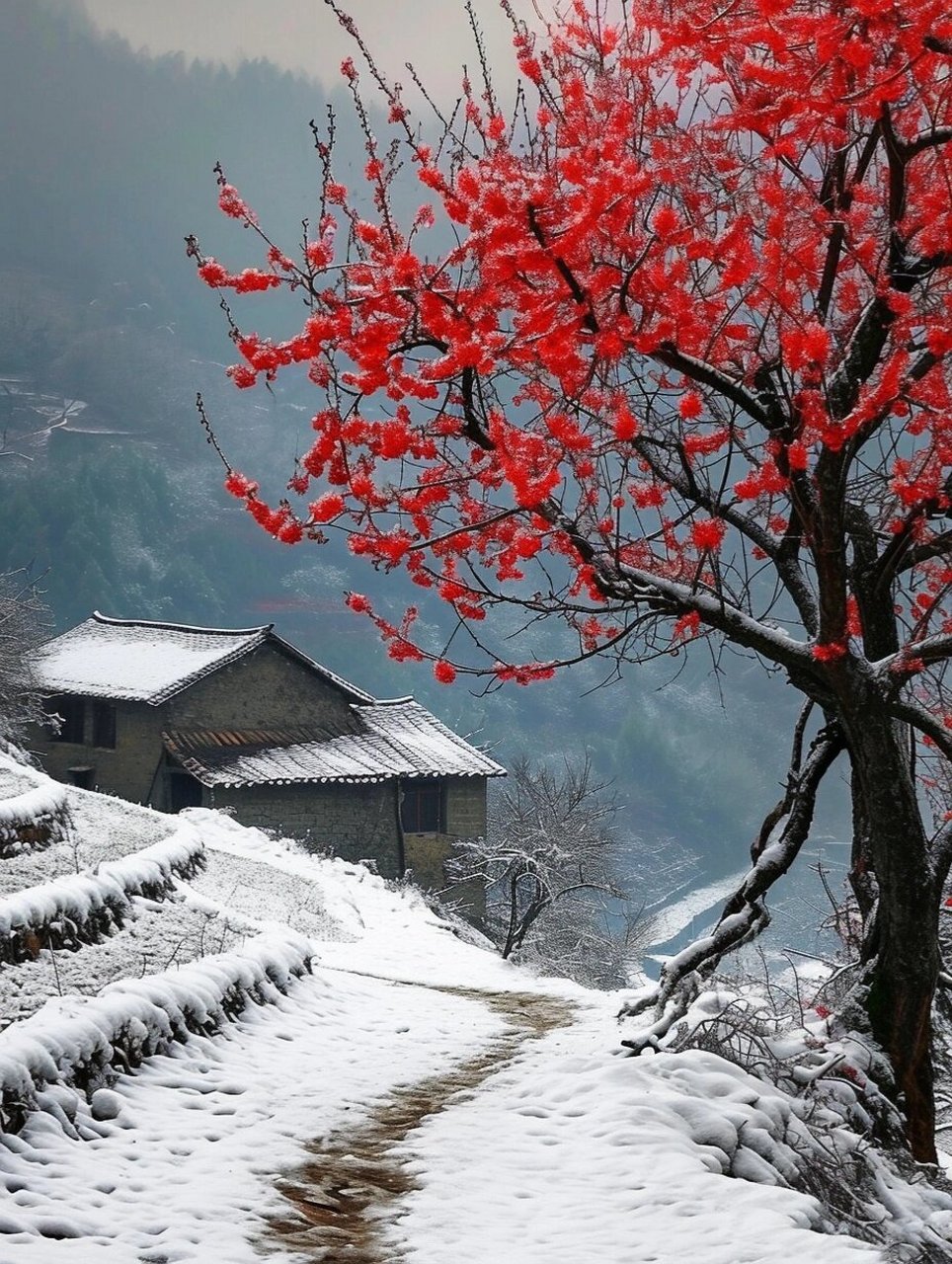 树枝挂满了厚厚的雪,仿佛披上了洁白的羽毛大衣