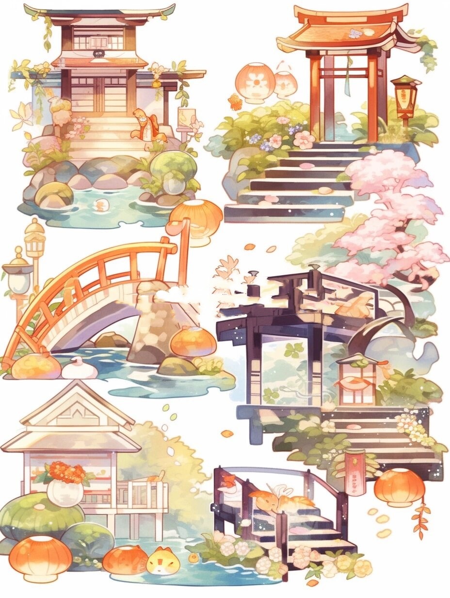 这些素材可都是精心挑选的哦,有山水,亭台,楼阁,小桥