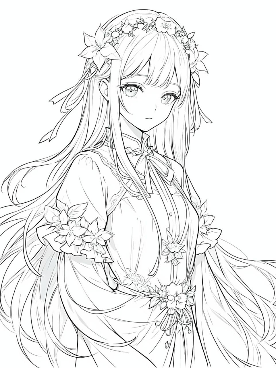 手绘漫画少女与花海,宝宝涂色新体验