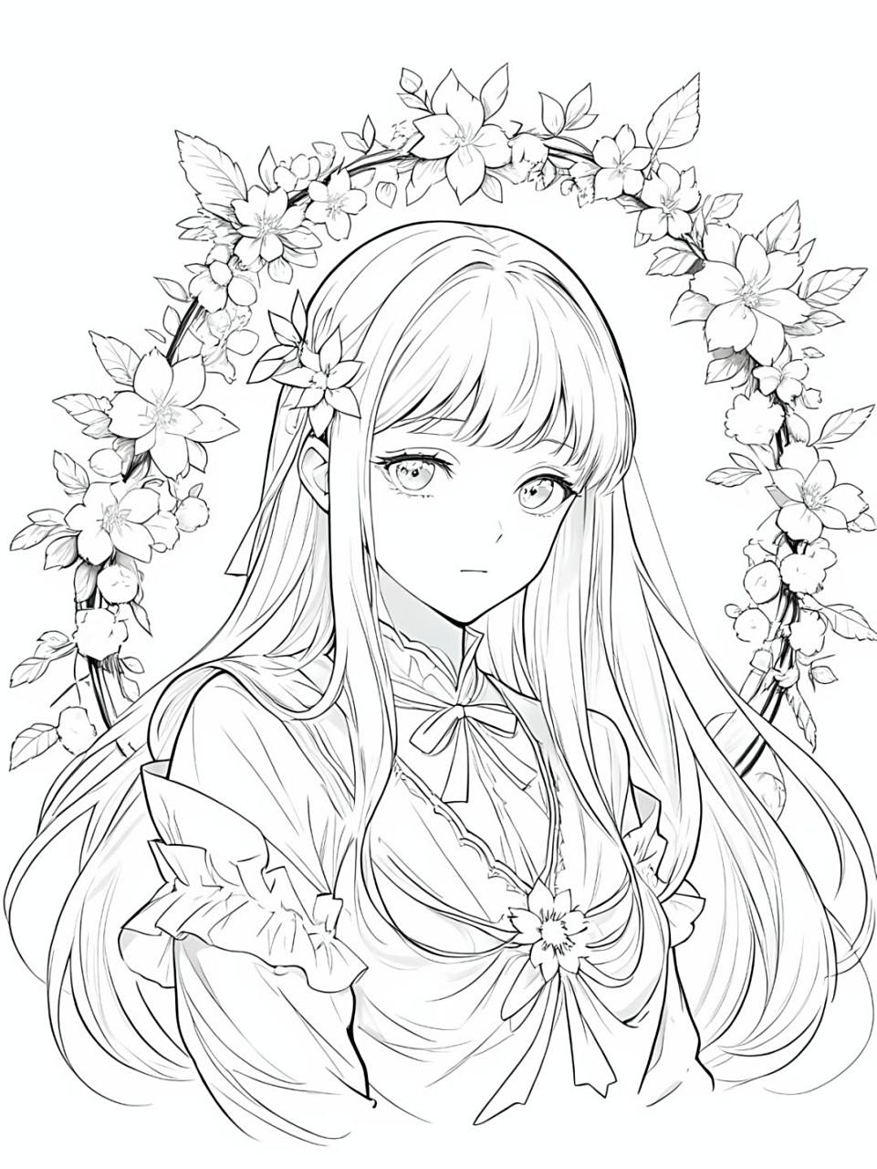 手绘漫画少女与花海,宝宝涂色新体验