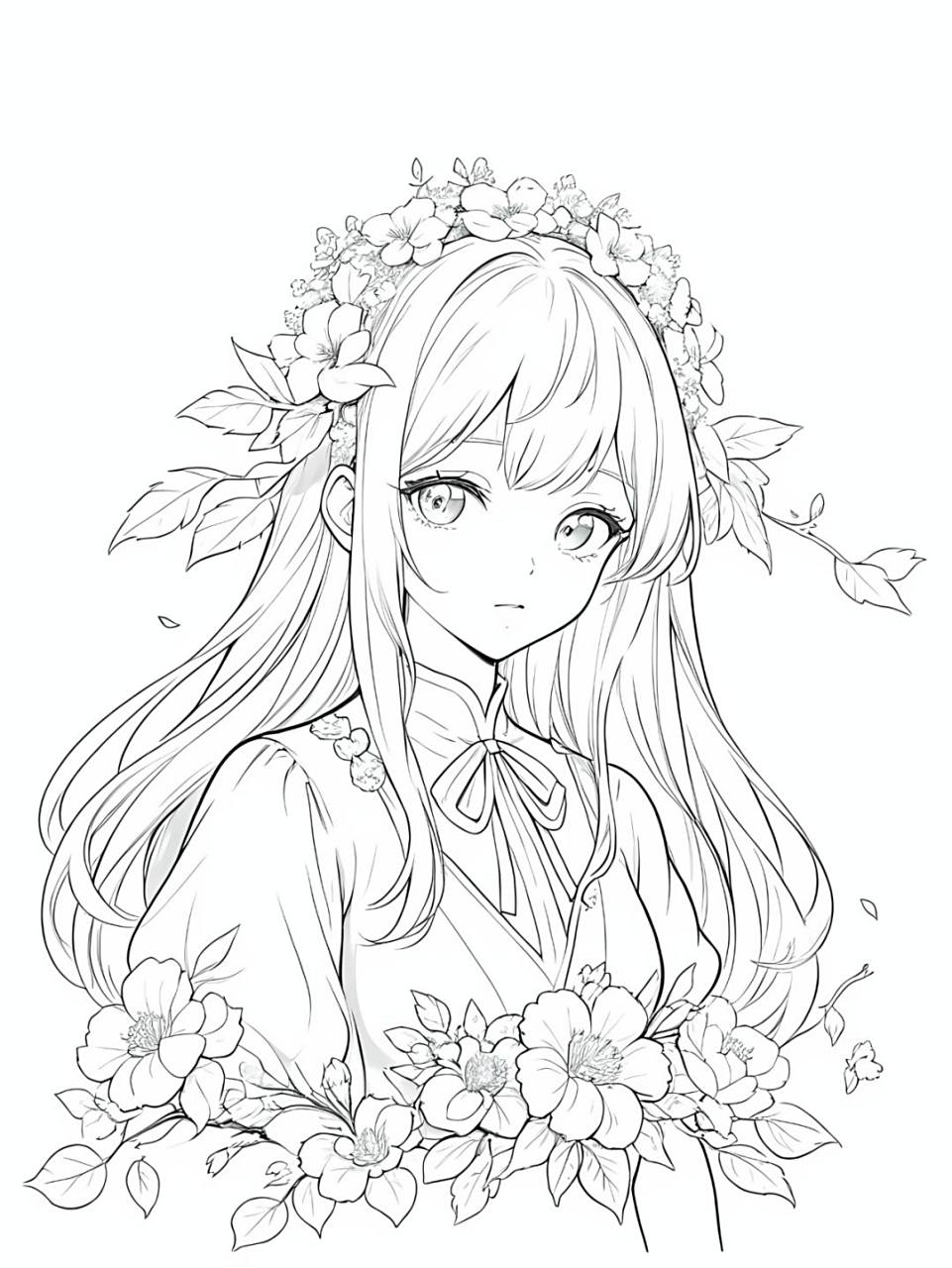 手绘漫画少女与花海,宝宝涂色新体验