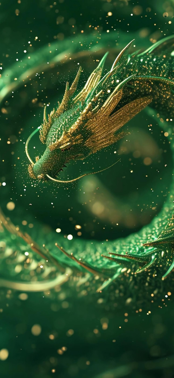 一组青龙壁纸分享,翠绿的鳞甲与金色的龙角,胡须,背鳍搭配在一起显得