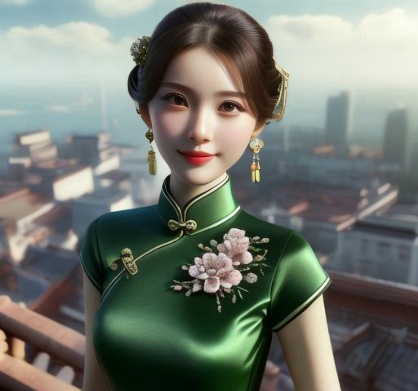 人物头像,旗袍美女 美丽的旗袍少女,站在楼顶眺望远方.