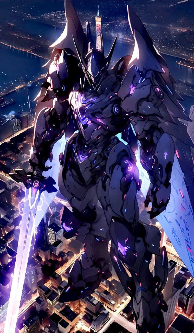 ai生成的一组机甲作品,从与参照物对比来看机甲体积巨大,外甲形状多变