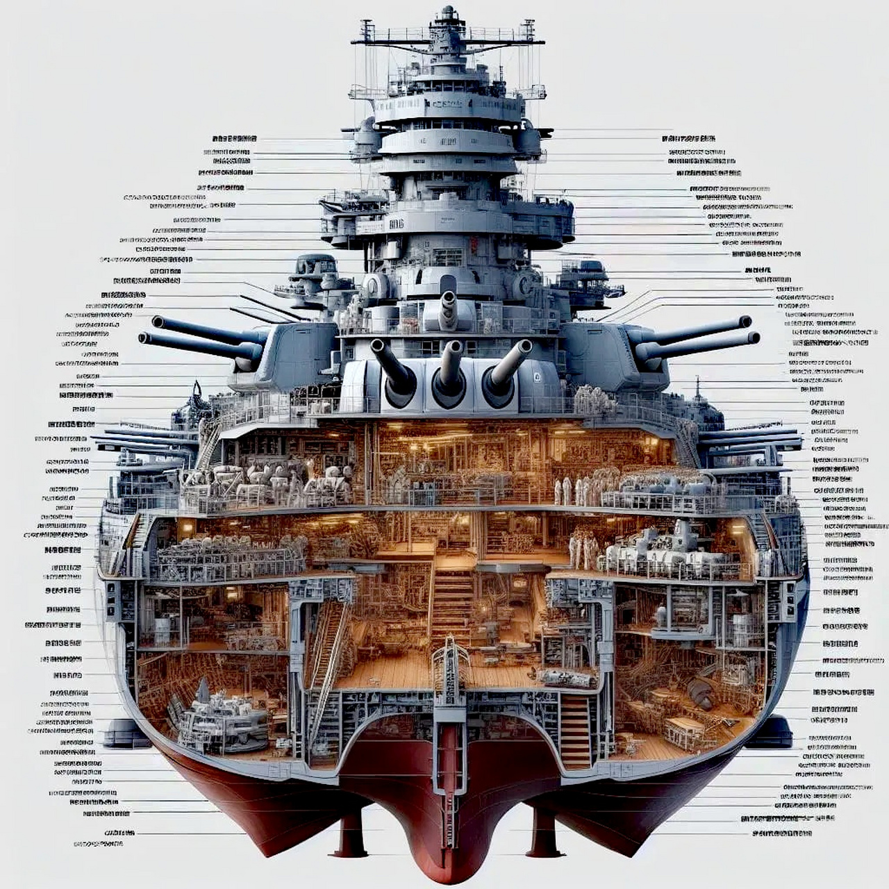 ai生成的一组战舰剖视图插画作品,展现了战列舰的外形和结构,布局有些