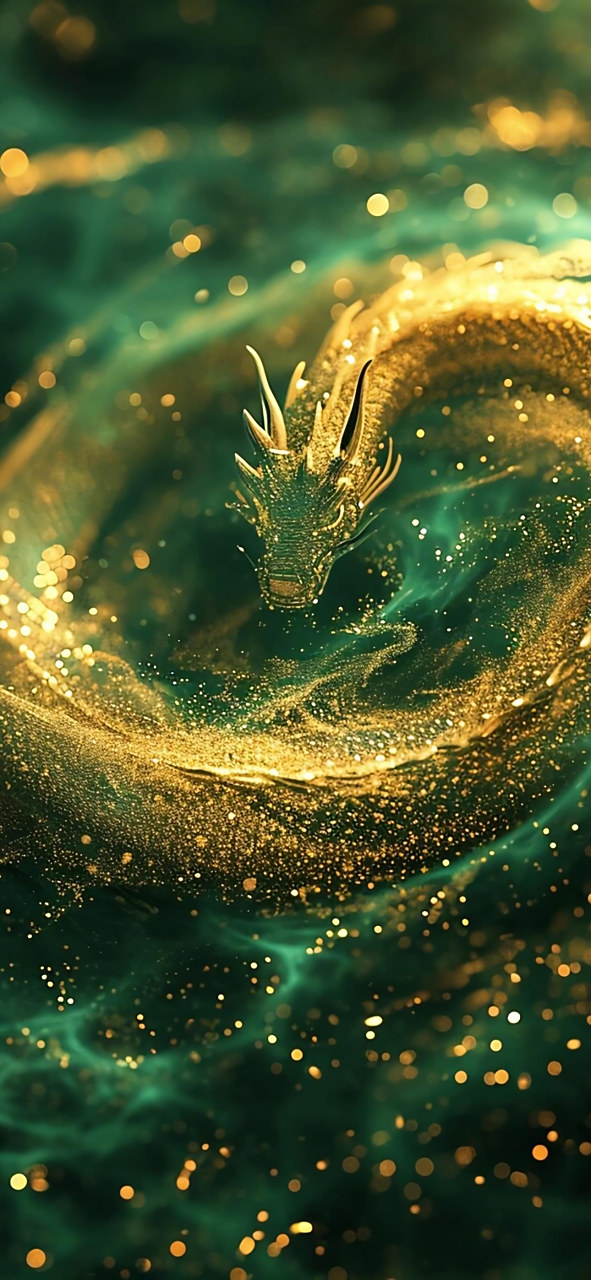 一组青龙壁纸分享,翠绿的鳞甲与金色的龙角,胡须,背鳍搭配在一起显得