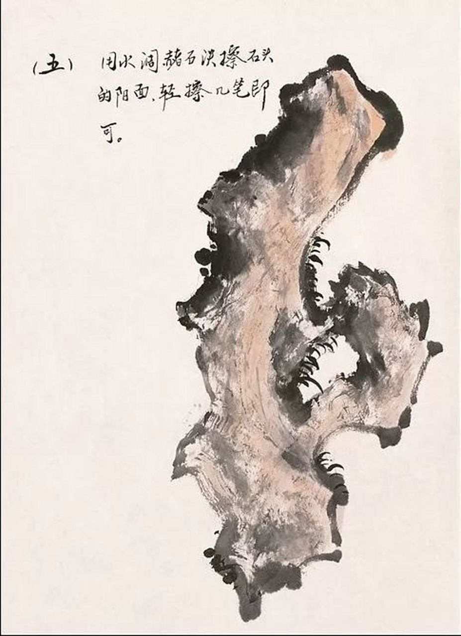 花鸟画配景石块的画法  花鸟画的石块,不论工笔和写意,在处理上与山水
