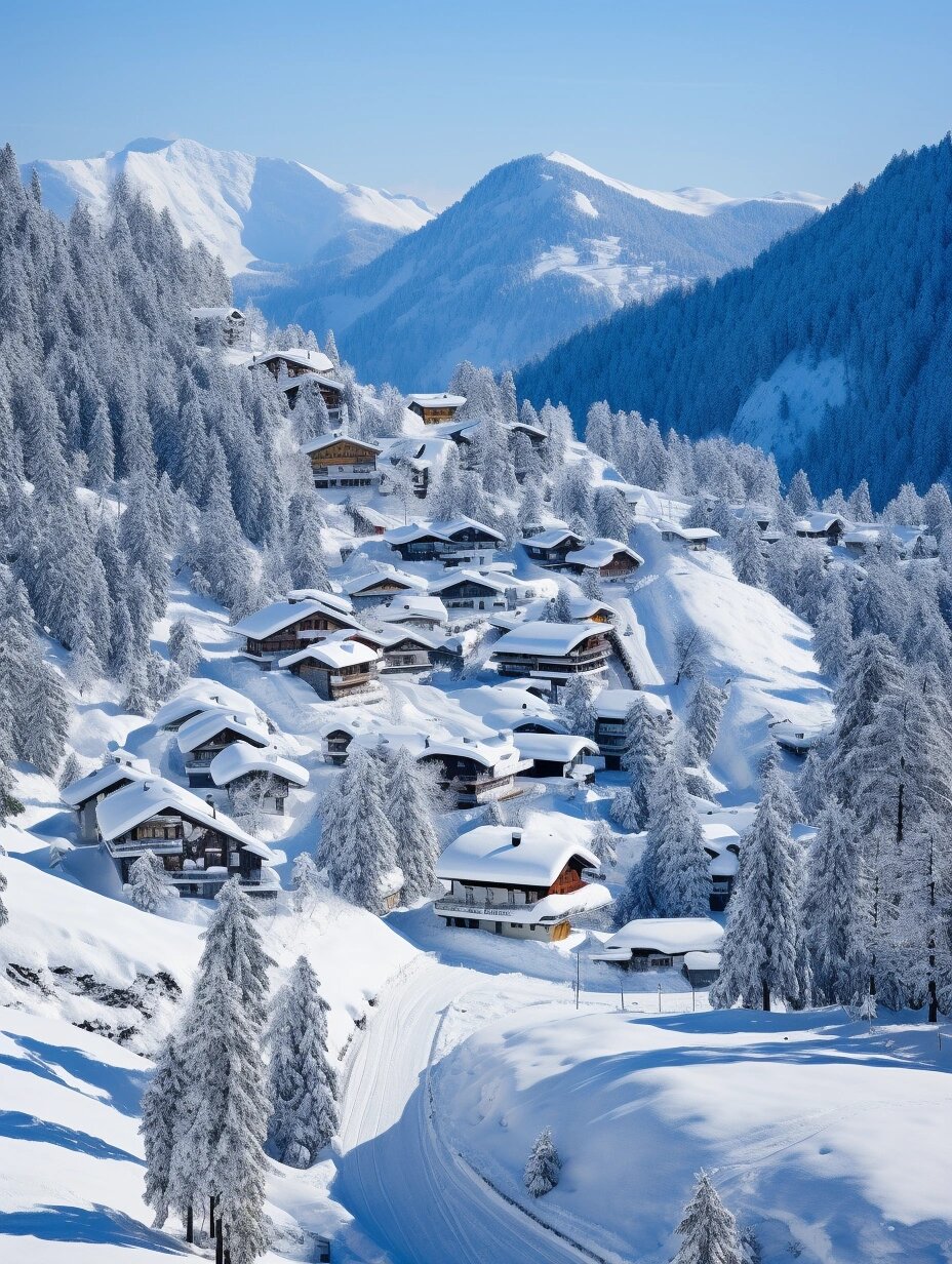在冬日的雪景中,有一个宁静的山村,那里千家万户,散落在