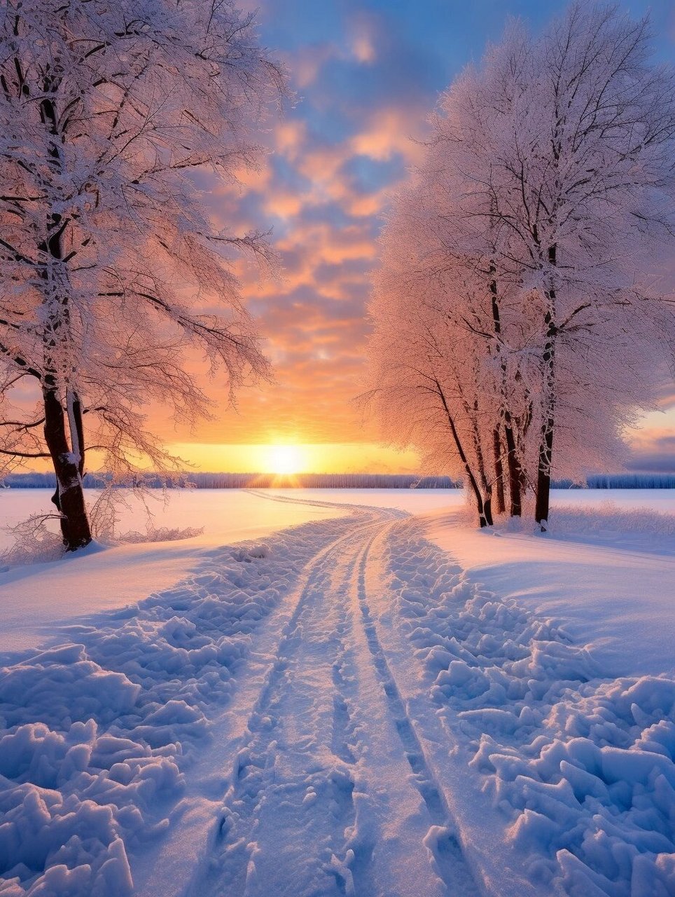 冬日雪景壁纸  天空若隐若现的夕阳照射,格外美丽动人