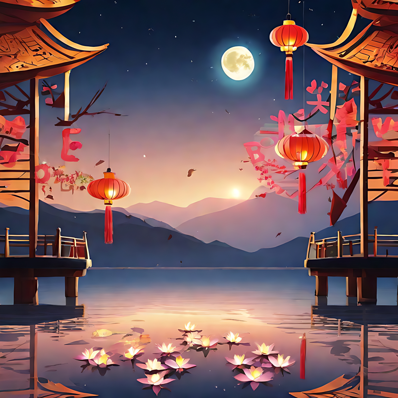 一轮明月照水面,荷叶荷花竞芬芳,亭台楼阁大红灯笼高高挂!