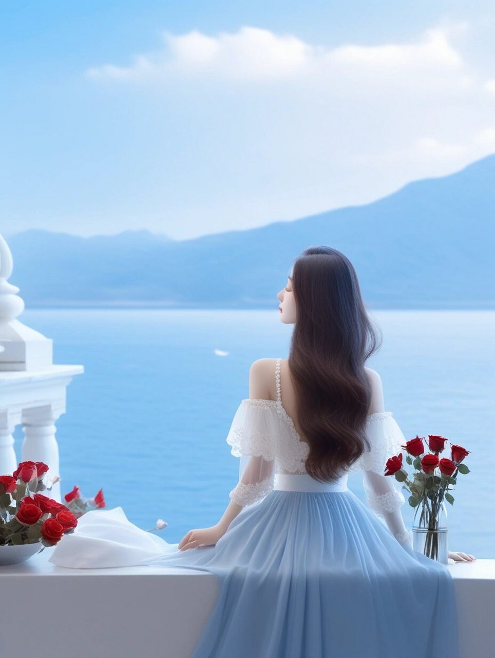 海边女生背影图  在唯美的意境中,动态壁纸呈现出一幅古风视频的画卷.