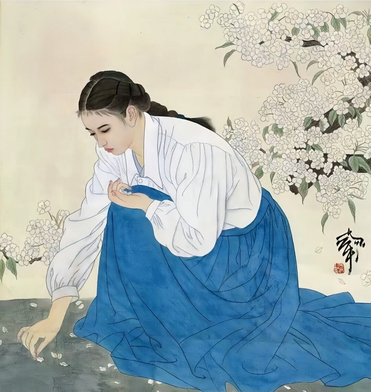 当代工笔画名家何家英笔下的少女美丽,婉约,纯净,高洁,充分展现东方