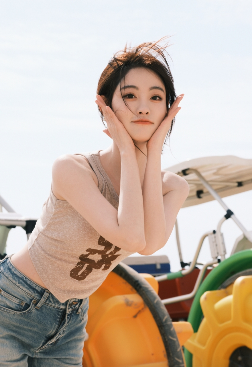 祝绪丹牛仔裤搭配露背背心,活泼灵动,少女感满满!