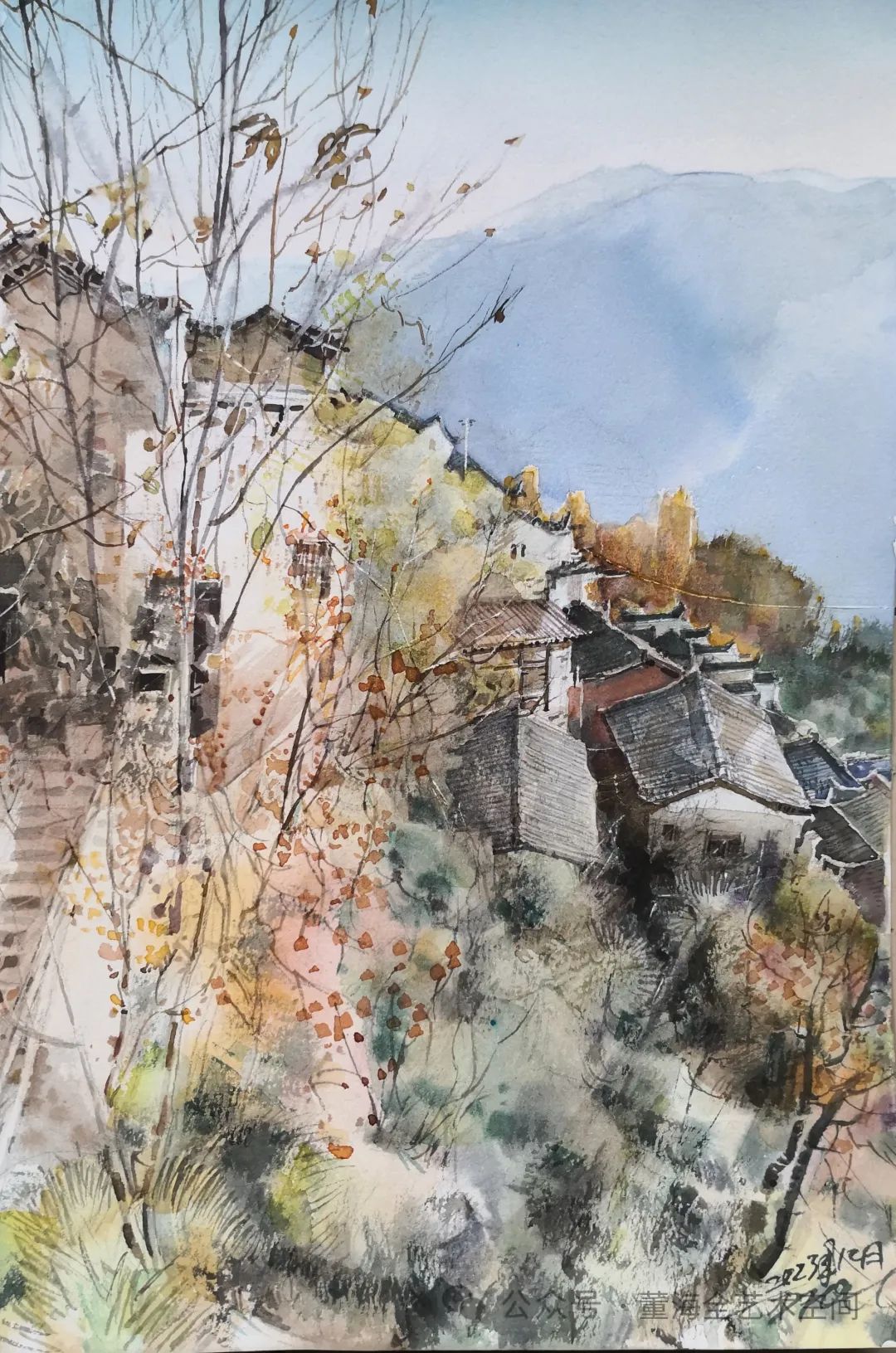 董海全水彩写生采风婺源风景:青石小径探幽源,村社群山掩映间