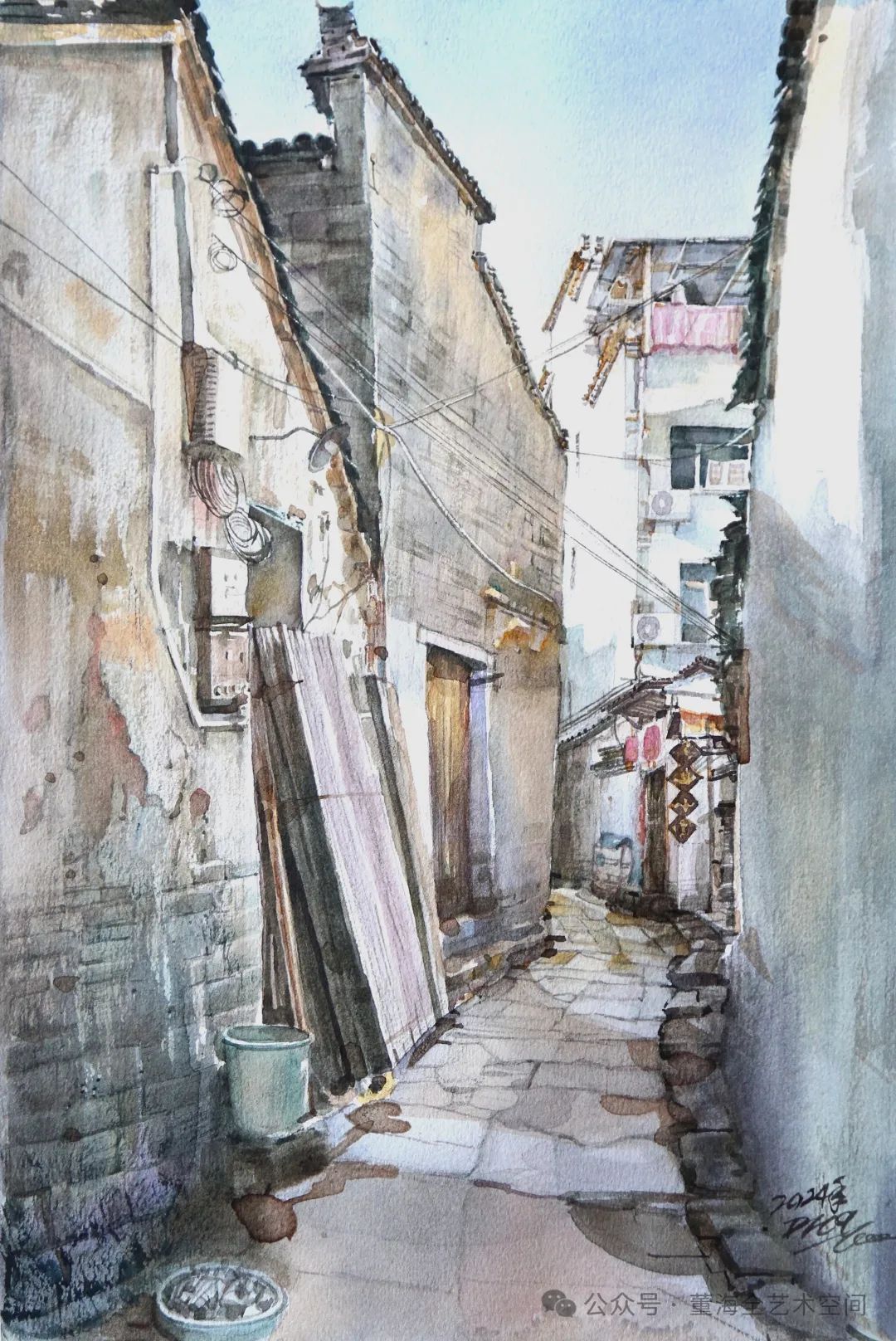 董海全水彩写生采风婺源风景:青石小径探幽源,村社群山掩映间