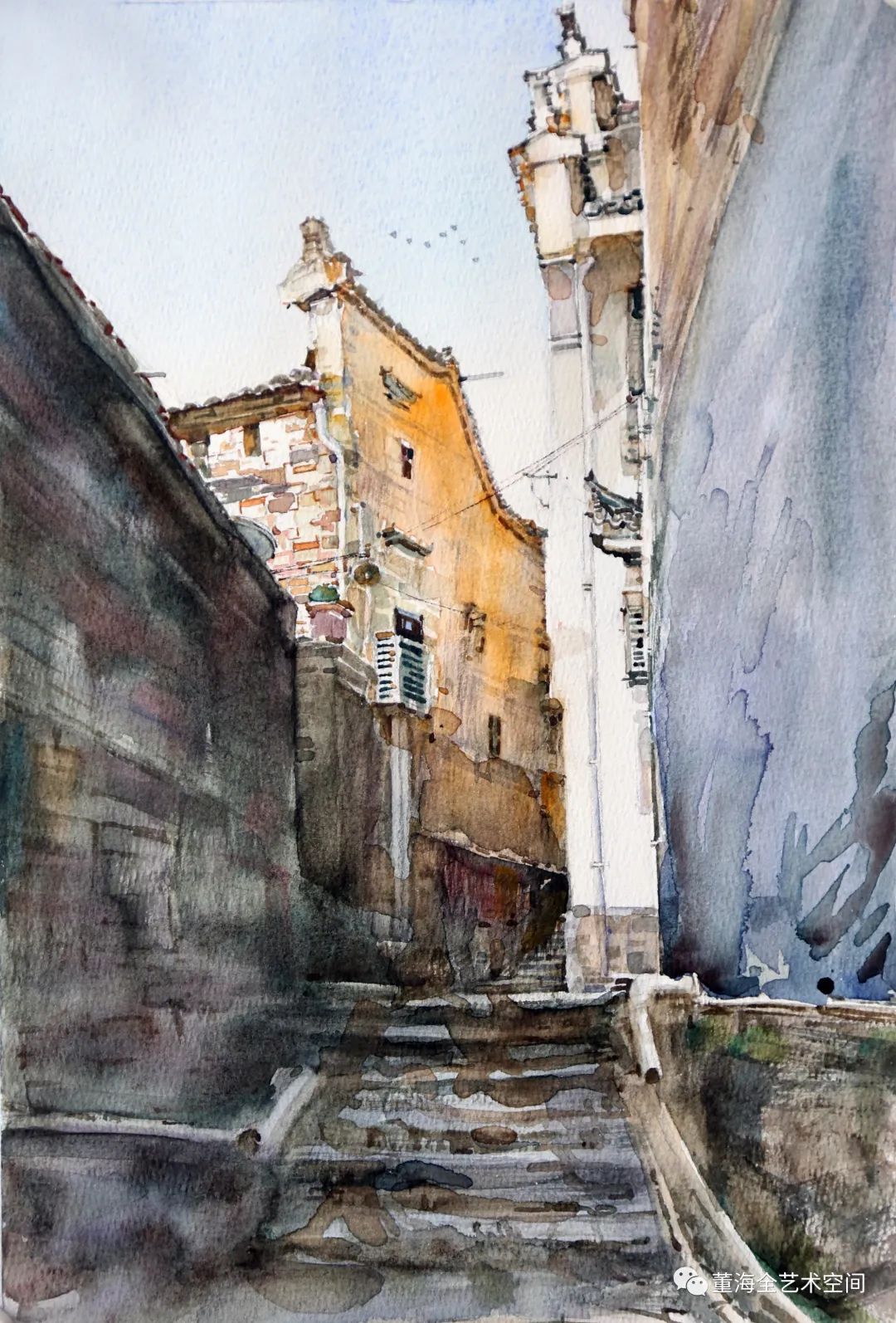 董海全水彩写生采风婺源风景:青石小径探幽源,村社群山掩映间