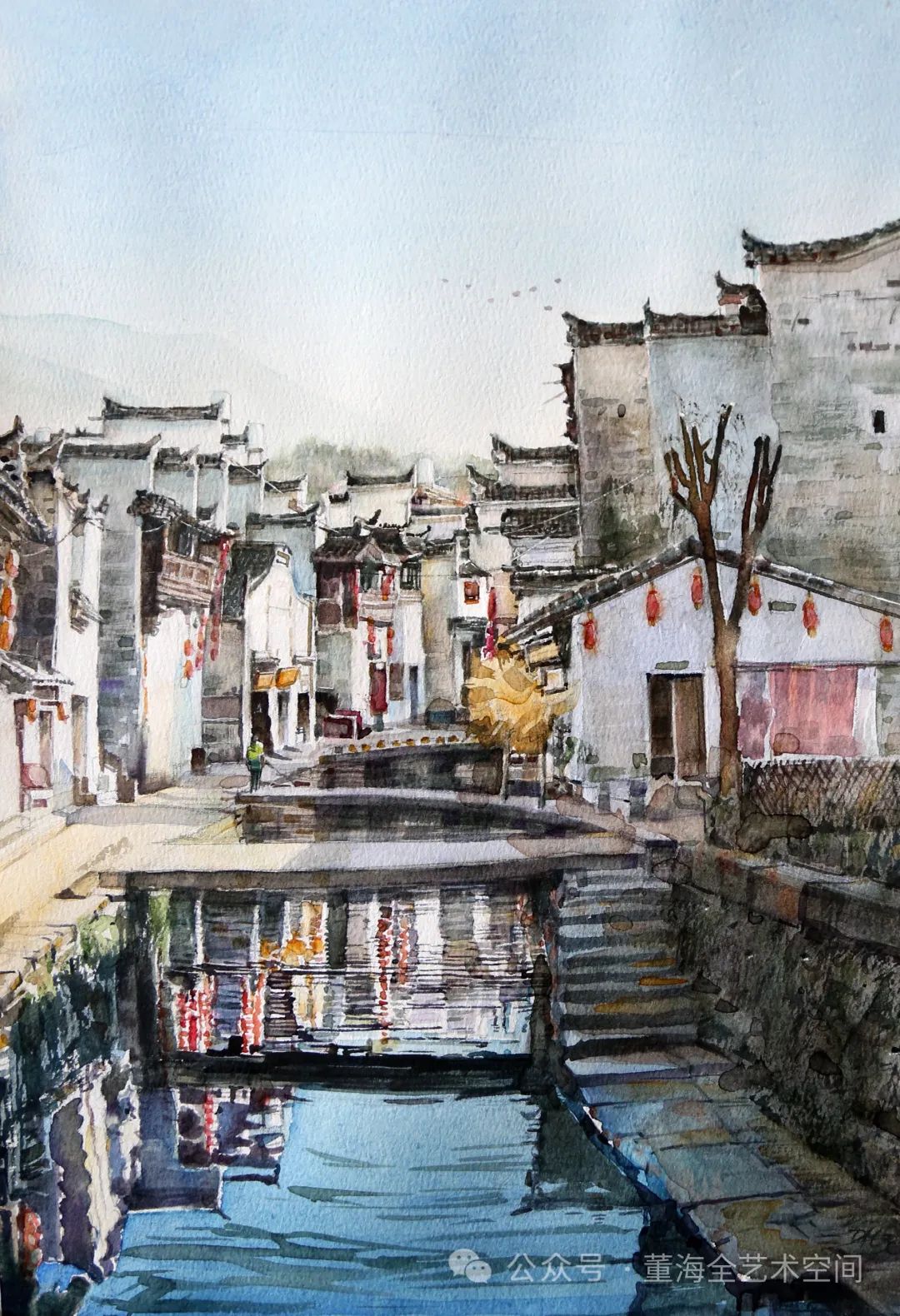 董海全水彩写生采风婺源风景:青石小径探幽源,村社群山掩映间