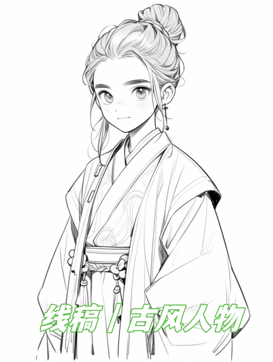 只是一幅尚未被色彩唤醒的古风人物线稿,静静地躺在