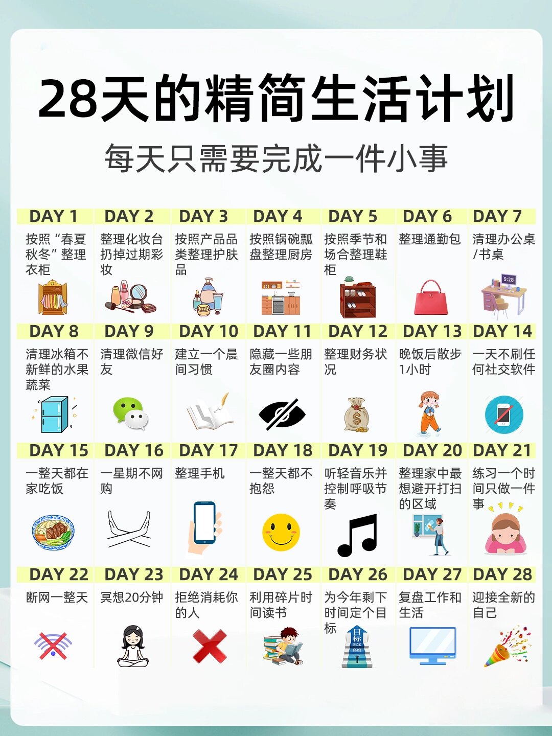 精简生28天计划表单身女40岁如何制定每日计划表28天的清关生活计
