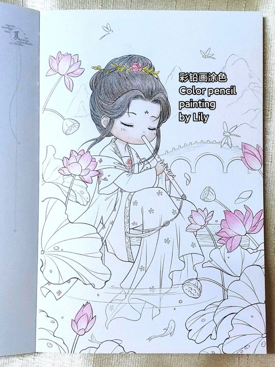 彩铅画涂色:古风少女赏荷图 附绘画过程  周五夜晚,月色初上时分,我在