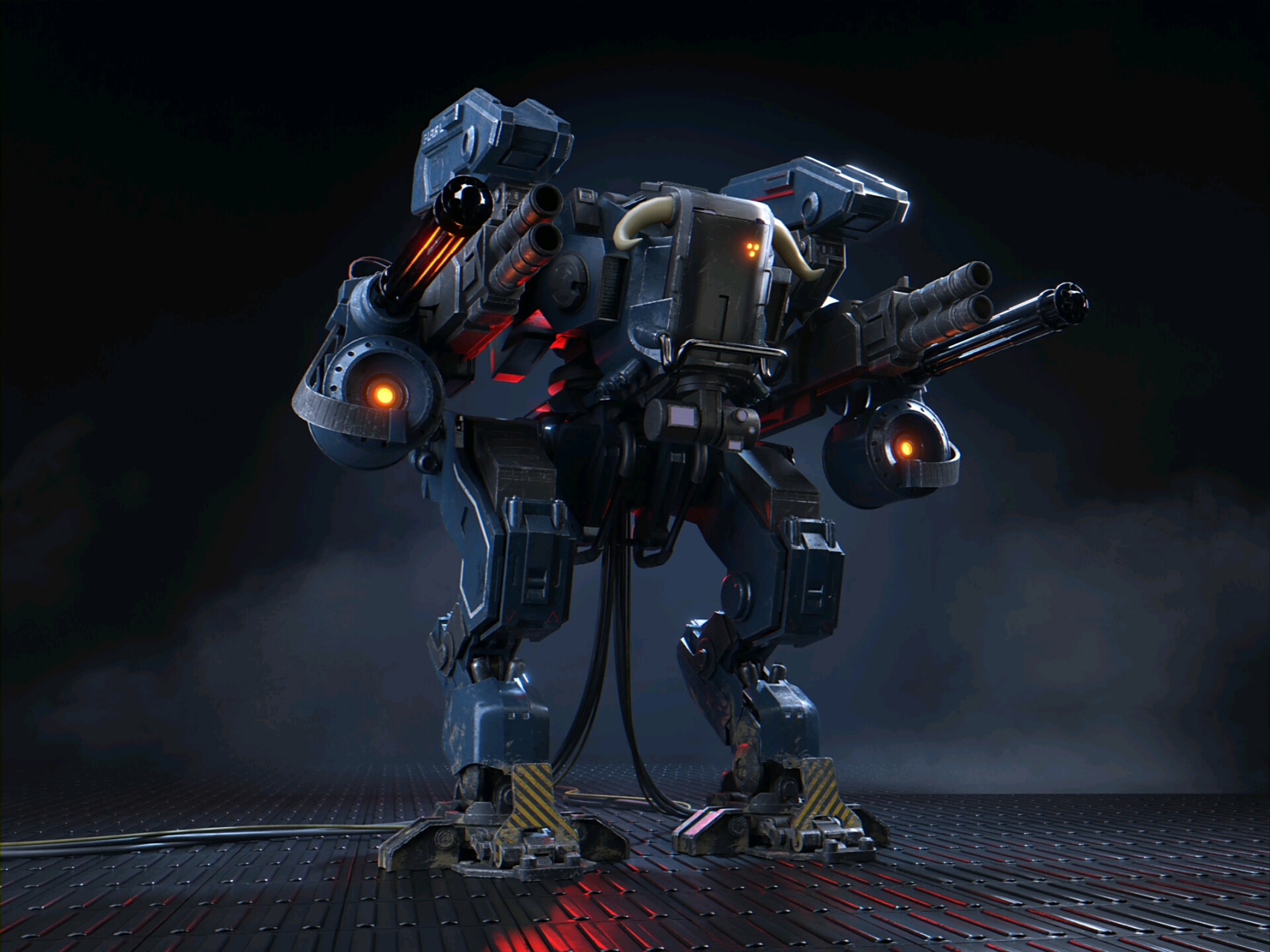 建模欣赏:一组双足行走机甲设计作品,装备了大量的武器,可以与线缆