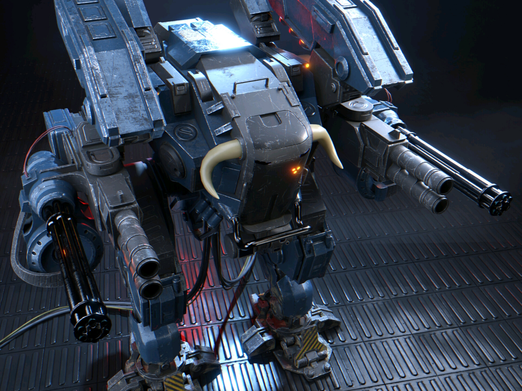 建模欣赏:一组双足行走机甲设计作品,装备了大量的武器,可以与线缆