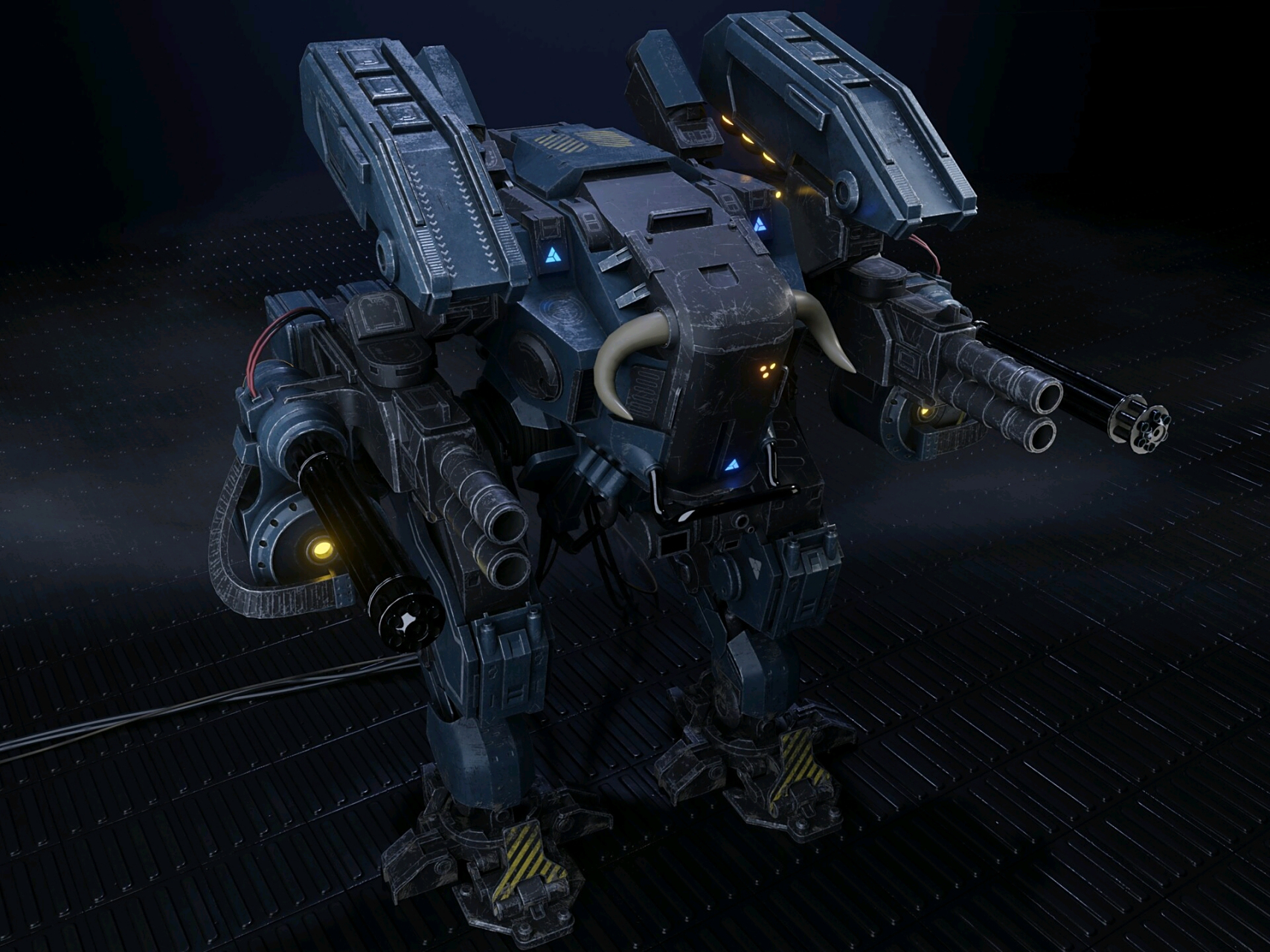 建模欣赏:一组双足行走机甲设计作品,装备了大量的武器,可以与线缆