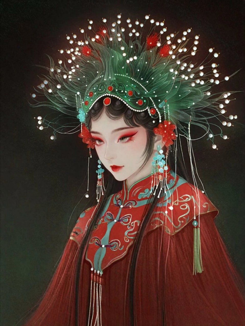 非遗国粹京剧花旦  绿色花旦的点翠头面,红色花旦的钻石头面,蓝色花旦