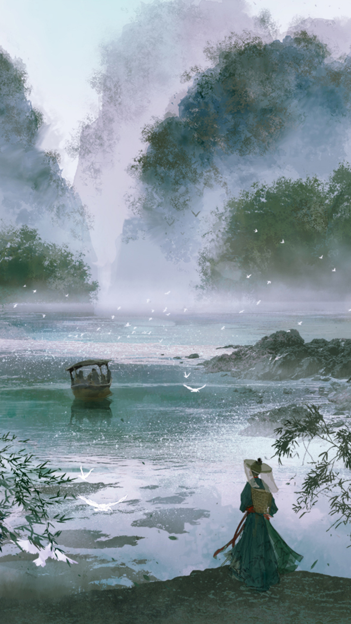 古风意境插画手机壁纸 闲梦江南梅熟日,夜船吹笛雨萧萧,人语驿边桥.