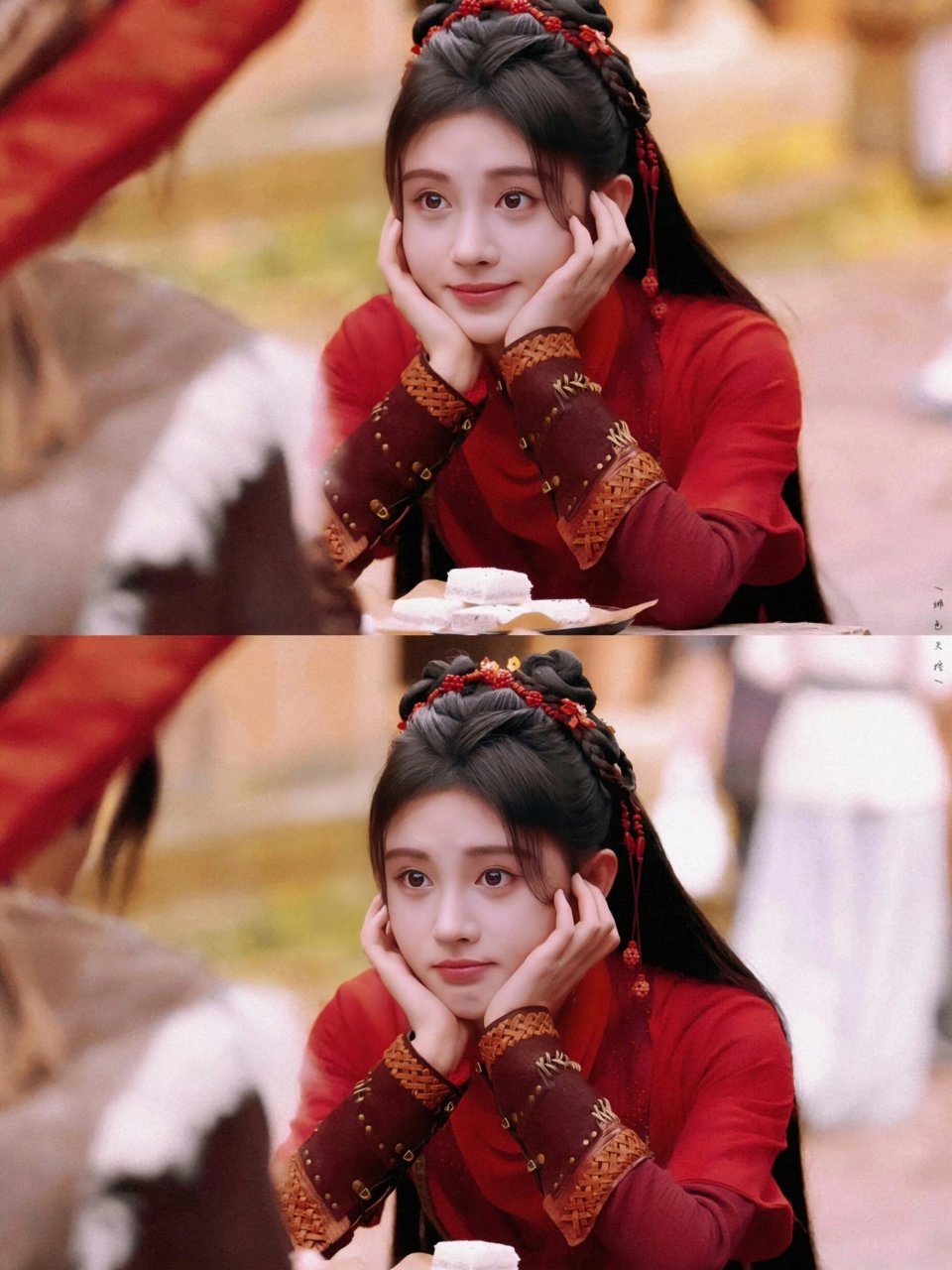 鞠婧祎无论她出现在哪个剧组,都带着她那标志性的古装半永久造型, 为