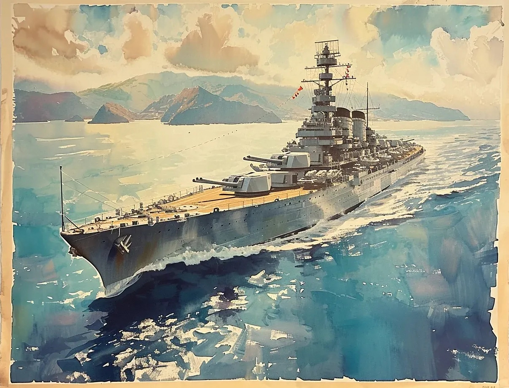 ai生成的一组战列舰插画作品,用质朴的色彩描绘了各种风格的钢铁战舰