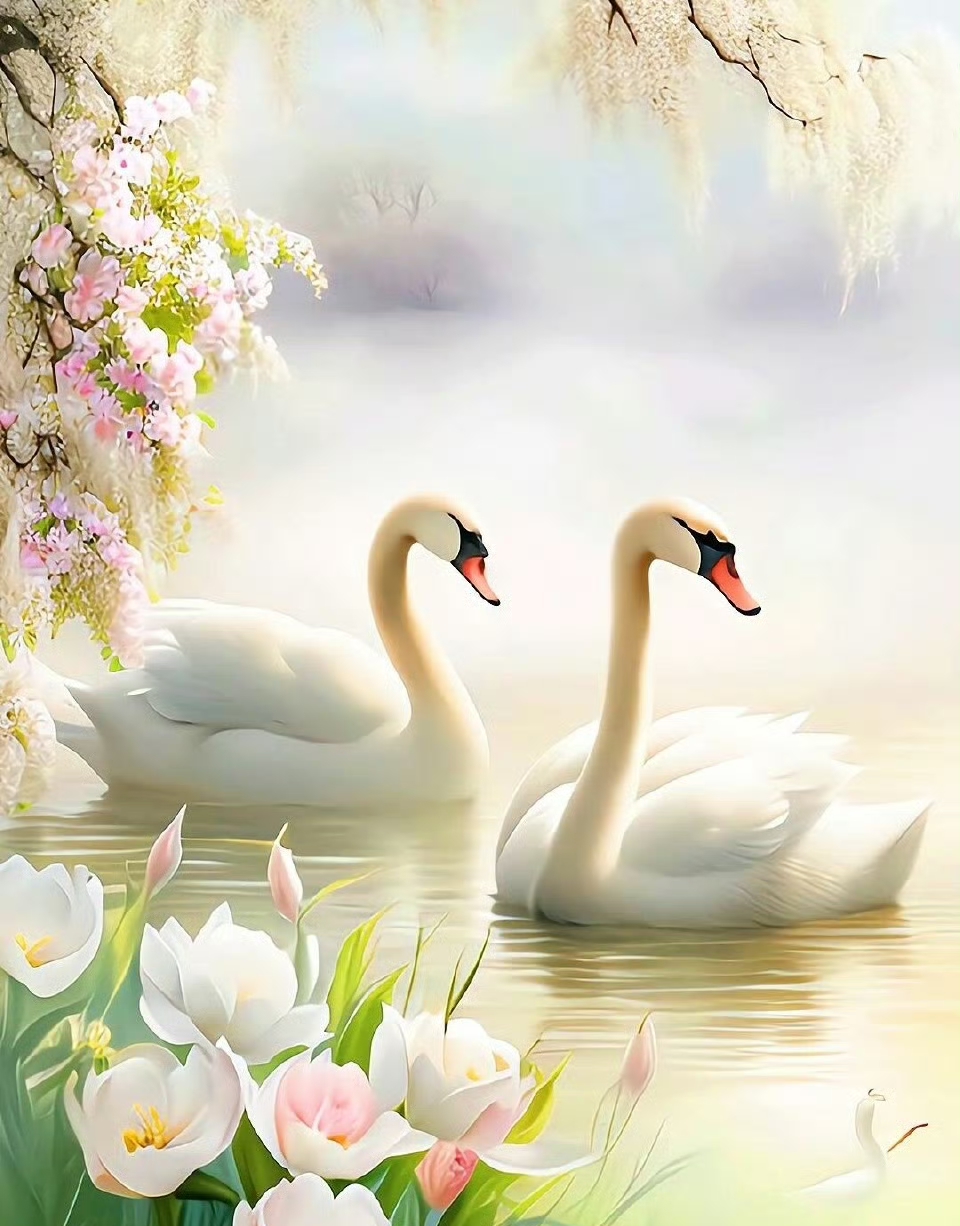 湖面如镜水悠悠, 天鹅飞来戏水流. 五彩水面仙侣乐 ,羡煞无数痴情虫