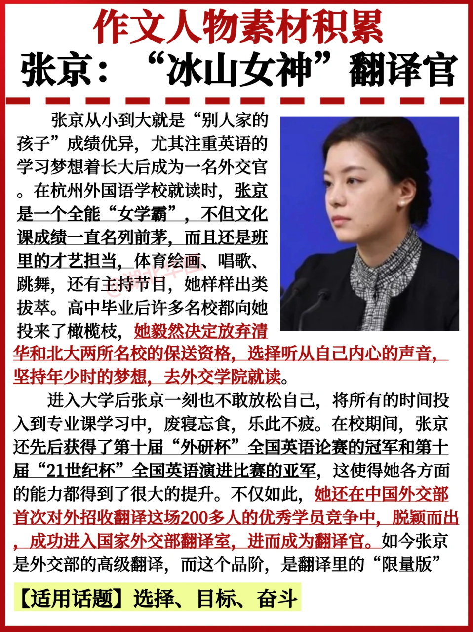 人物素材 张京:"冰山女神"翻译官 人物简介 张京:不动声色,却具千钧之