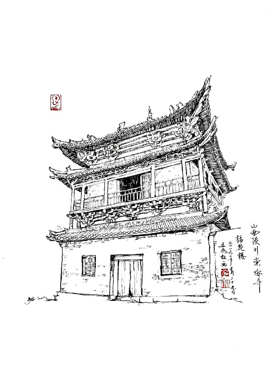 古建筑一角线描图片